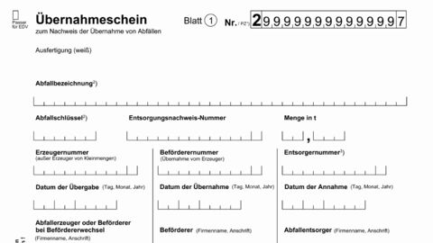 Übernahmeschein in Papier als Nachweis bei Sammel-Entsorgung (als Symbolbild)