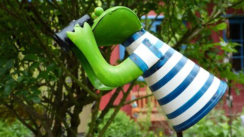 Ein Frosch, aus Metall und blau-weis gestreiftem, aufgemalten Oberteil, steht mit einem Fernglas vor einem grünen Busch. 