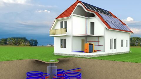 Geothermie Querschnittgrafik eines Hauses mit unterirdischer Geotherm-Anlage