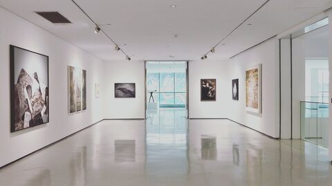 Galerie Aufnahme einer Kunstgalerie, an den weißen Wänden hängen Bilder