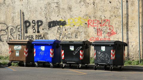 Vier große Mülltonnen in schwarz, braun und blau
