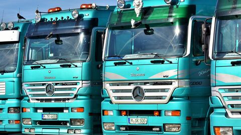Eine Flotte türkisfarbener LKWs