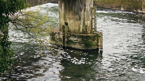 Wasserpegel an einem Brückenpfeiler im Fluss