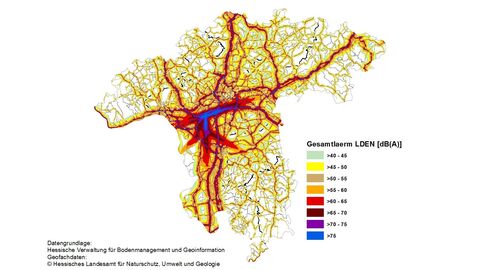 Lärmkarte Hessen des HLNUG Eine Karte, die in Hessen verschiedene Lärmzonen anzeigt.