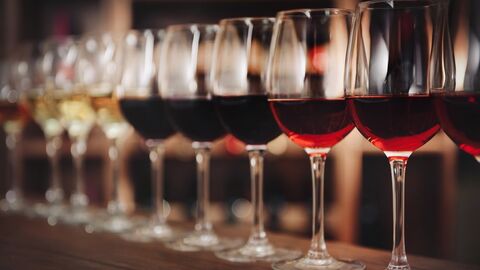 Reihe verschiedener Weine Mehrere Weingläser nebeneinander mit verschiedenen Weinen, die von rechts nach links von Rot- zu Weißwein verlaufen.