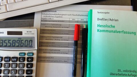 Schreibtisch Taschenrechner, Papiere, Stifte und Buch auf einem Schreibtisch