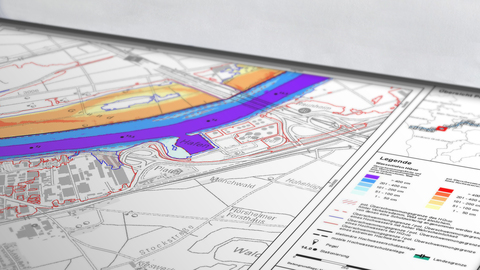 Karte vom Main mit Gebieten, die überschwemmt werden könnten