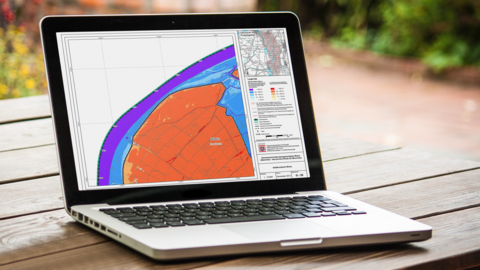 Karte vom Rhein mit Gebieten, die überschwemmt werden könnten