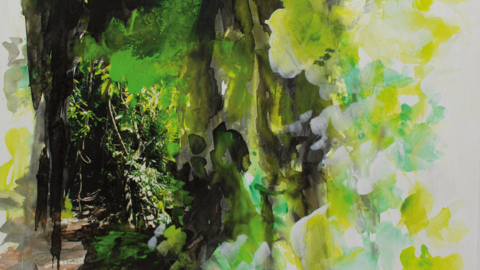 Ausschnitt aus "Regenwalddetail 28" / 2019 / 120 x 140 cm auf Leinwand Leinwand bemalt mit Tusche und Acrylfarben in Grün- und Brauntönen