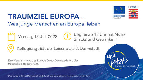 Einladung zur Veranstaltung „Traumziel-Europa“ Flyer der Online-Veranstaltung „Traumziel Europa“ - Alle Informationen im Text unten