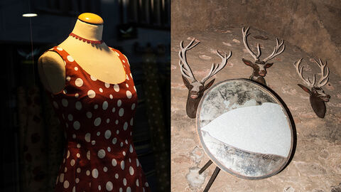 Collage aus zwei Fotografien: links eine Schaufensterpuppe mit Kleid, rechts ein zerbrochener Spiegel
