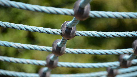 Netz aus starken blauen Seilen, im Hintergrund verschwommen Bäume