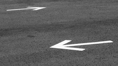 Asphaltierte Straße mit weißen Pfeilen darauf, die in entgegengesetzte Richtungen zeigen