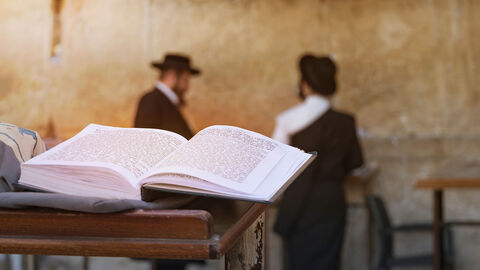 Religion (Symbolbild) Zwei jüdische Gläubige sprechen vor der Klagemauer miteinander