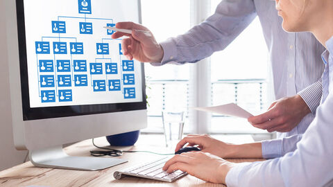 Zwei Personen vor einem Monitor, der ein Organigramm anzeigt