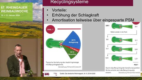 Mann spricht an Pult neben Bildschirm