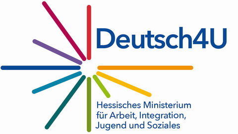 Logo des Landesprogramms Strahlen in verschiedenen Farben und Schriftzug „Deutsch4U“