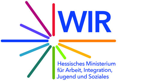 Logo des Landesprogramms Strahlen in verschiedenen Farben und Schriftzug „WIR“