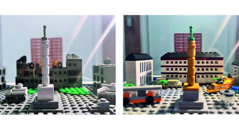 Eine Collage zeigt zwei verschiedene Fotos von einem Gebäude aus Klemmbausteinen.