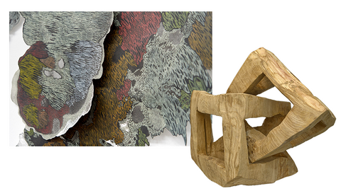 Links: Kunstwerk von Verena Freyschmidt, rechts: Holzobjekt von Dr. Paul Hirsch Links: Kunstwerk von Verena Freyschmidt, rechts: Holzobjekt von Dr. Paul Hirsch