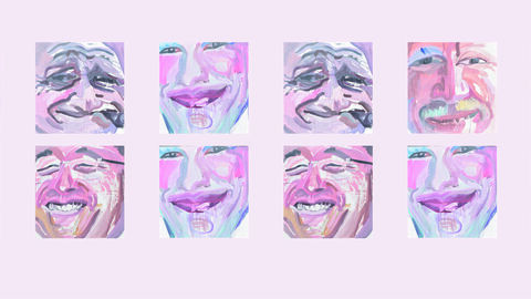 Malereien von Liu Xue Acht lachende Gesichter, gemalt in Rosa- und Brauntönen