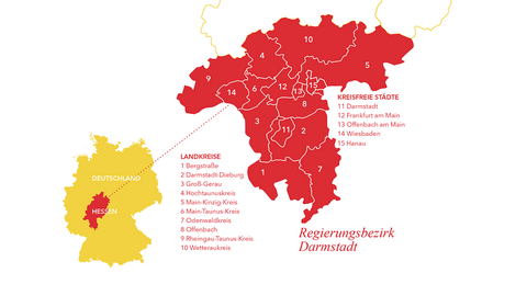Umrisse Deutschlands in Gelb, Hessen darin rot markiert und nach Kommunen aufgeschlüsselt (Alle Informationen im Text)